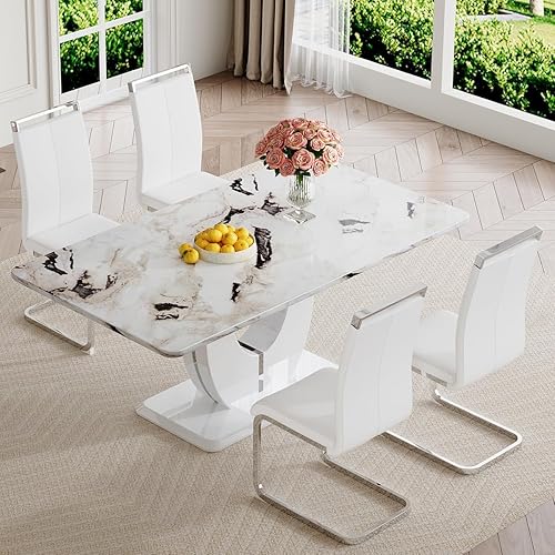 Miniatura 97 de JUFU Juego de mesa de comedor para 6 personas con sillas tapizadas de poliuretano, mesa y sillas de comedor de mármol sintético gris de 63 pulgadas,