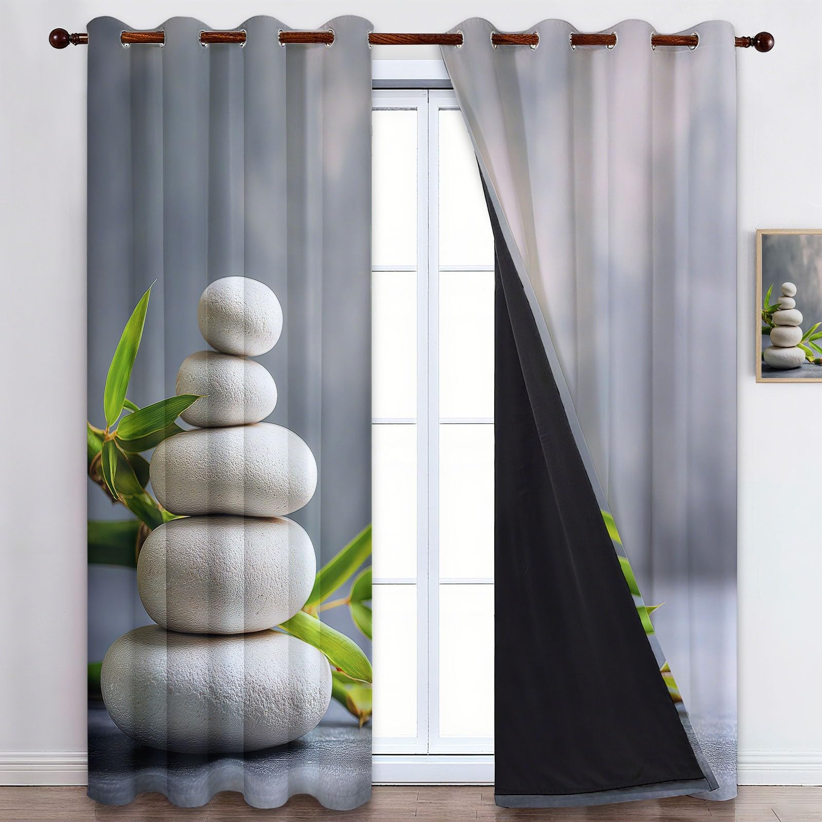 Zestaw 2 zasłon zaciemniających z oczkami 91,5 x 214 cm (szer. x wys.), proste Zen eleganckie, izolujące termicznie, odporne na zimno, jasnoszare, poliester, zestaw 2 sztuk