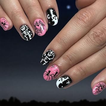 Press on Nails Short Oval Halloween Acrylic French False Nails with Day of the Dead Designs Artificial Extra Short Oval Ghost Fake Nails Glue Nails Stick on Fingernails for Women GirlsJB872
