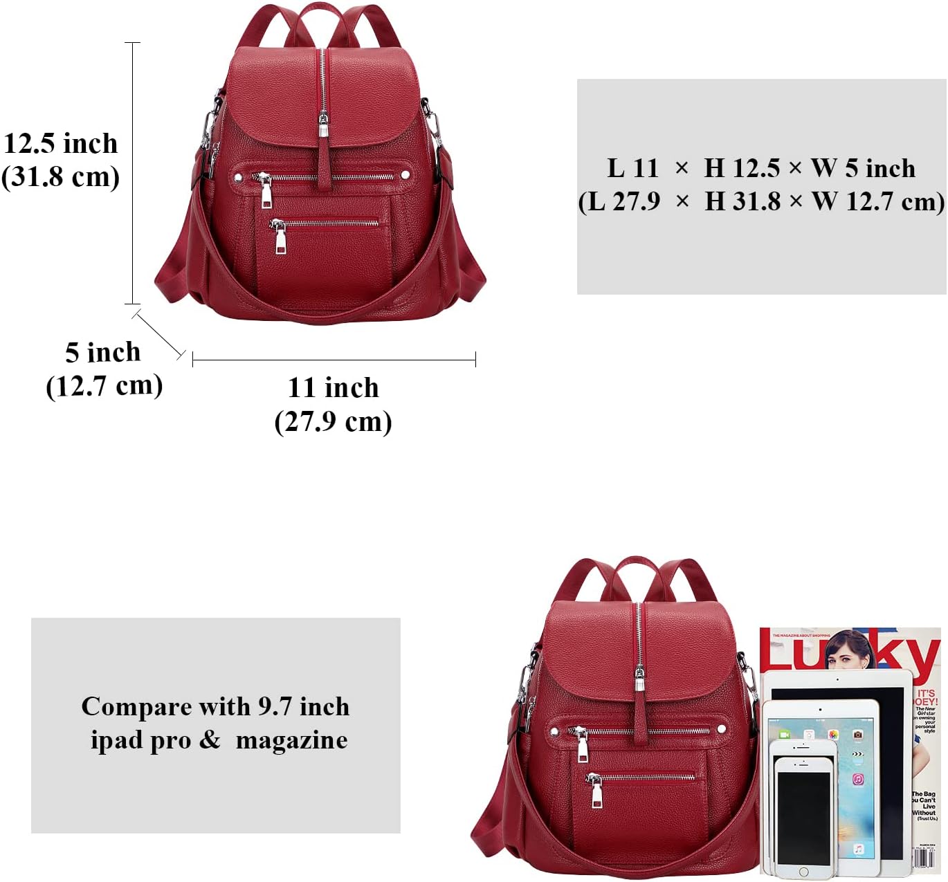 ALTOSY Leather Backpack Purse for Women Fashion Casual Handbag with Multi Pockets and Flap (S107 Wine Red) - Image 5