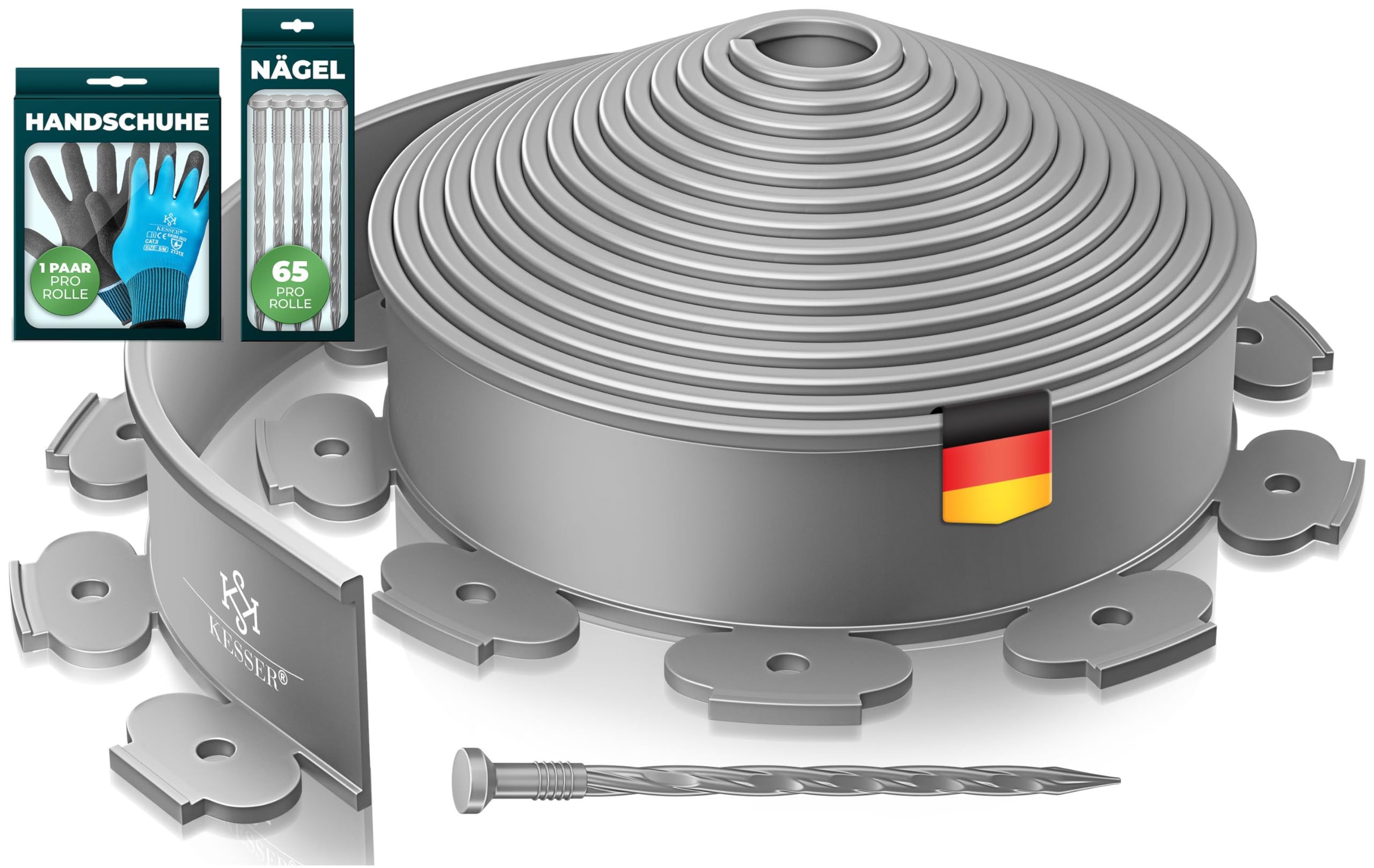 KESSER® Flexible Rasenkante aus Kunststoff Länge 10m Höhe 5cm, mit 65 Erdanker + 1 Paar Handschuhe Beeteinfassung Beetumrandung Beetbegrenzung Mähkante Pflastersteine Palisade - Grau