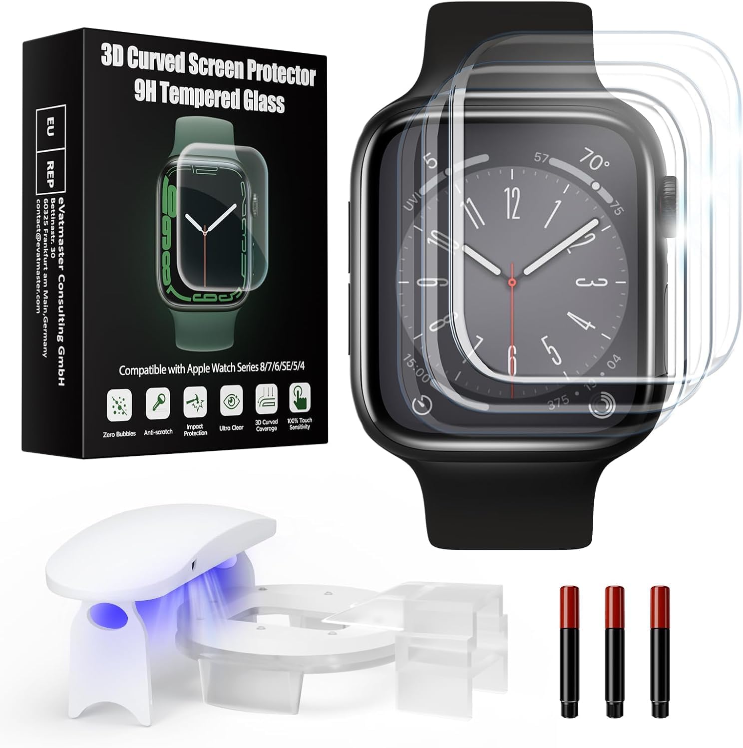 UV Tempered Glass Screen Protector Compatible with Apple Watch Series 9/8/7 41mm, 3D Curved Full Coverage Anti-scratch Tempered Glass Protector, Bubble Free Screen Protector for iWatch 9/8/7 41mm(3 Pack)