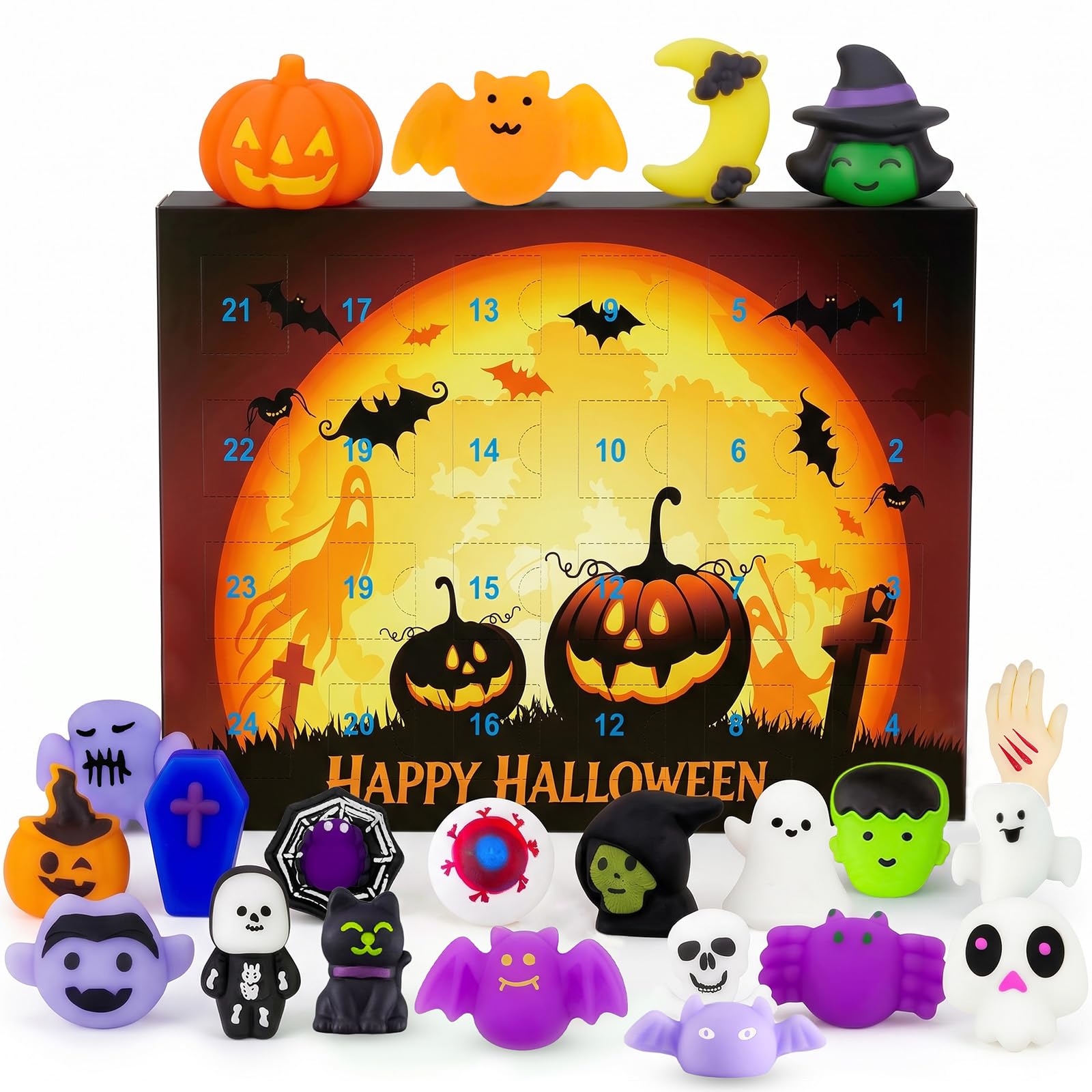 Halloween Advent Calendar 2026 Includes 24Pcs Mini Squish 24 Day Countdown Box with 24Pcs Unique Stress Relief Squishy Sensory Fidget Toys Cute Monster Surprise Countdown Gift