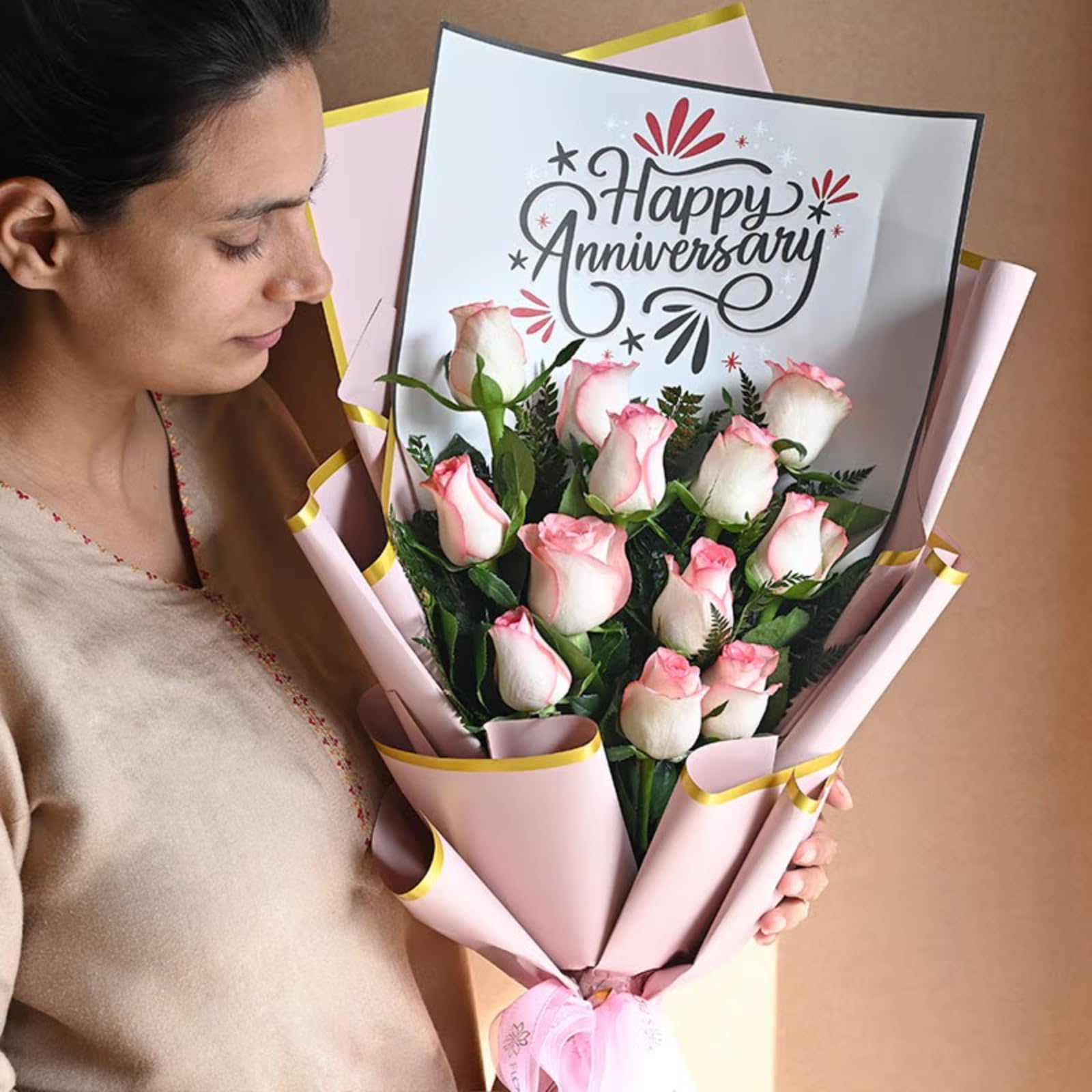 FlowerAura Premium Anniversary Flower Bouquet of 12 Pink Roses Perfect Anniversary Gift For Girlfriend, Boyfriend, Colleagues, Husband, Wife, Friends & Parents (Same Day Delivery)