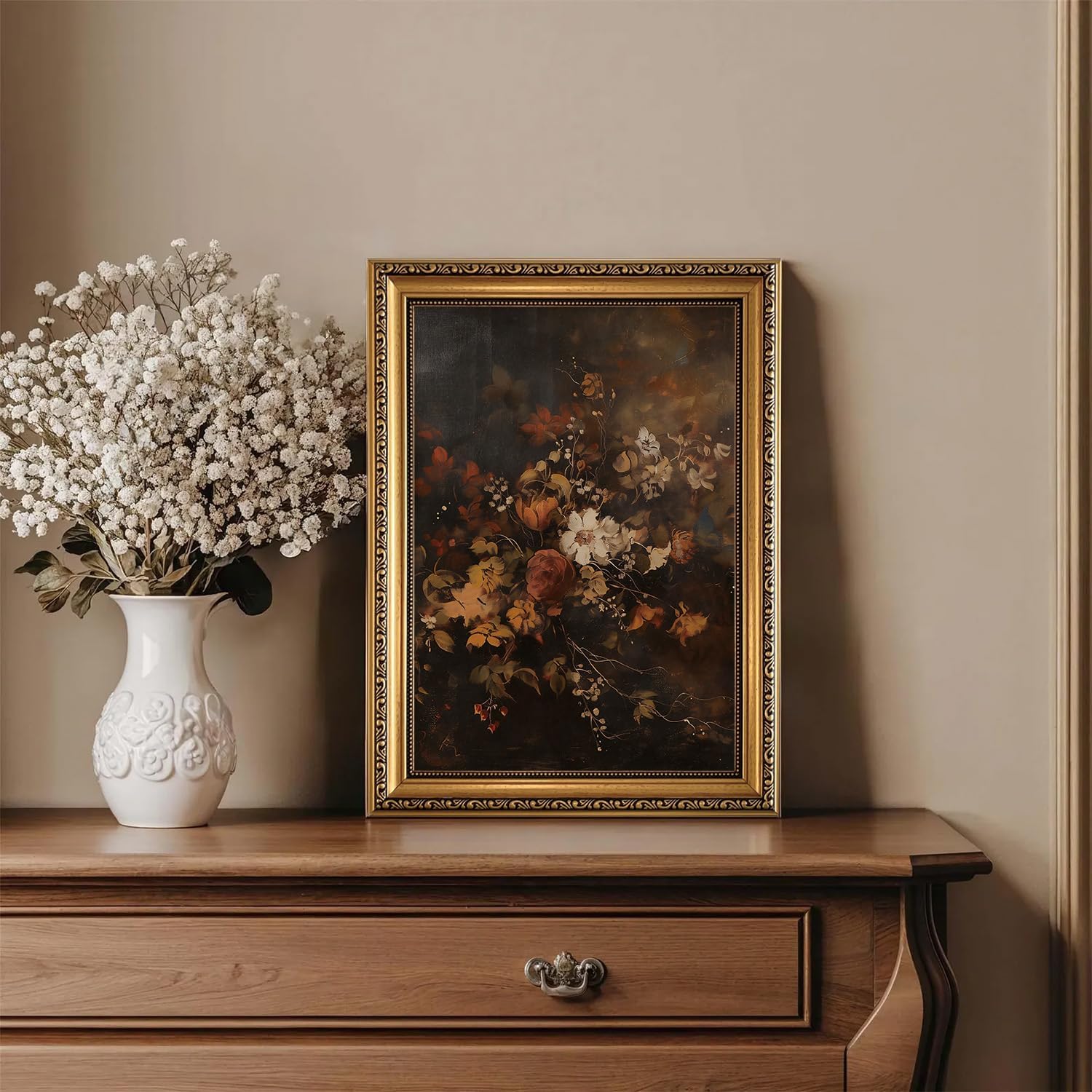 LHHJDIO Vintage Gold Framed Wall Art Moody Flower Canvas Wall Art Dark Fall Floral Picture Wall Decor Retro Autumn Botanical Art Prints for Bedroom Living Room Bathroom 12"x16"