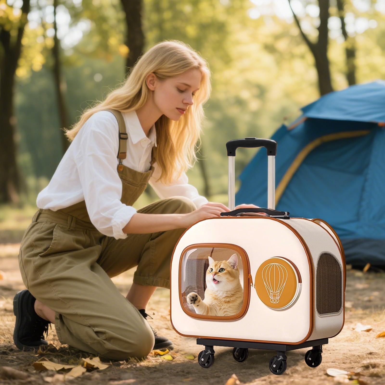 PETCUTE Zaino per Cani con Trolley,Zaino Trolley per Cani Gatti con Manico Telescopico e Base Rimovibile,Portatile Traspirante, Trasportino Gatto con Ruote,per Viaggi Lunghi Corti Fino 6 KG
