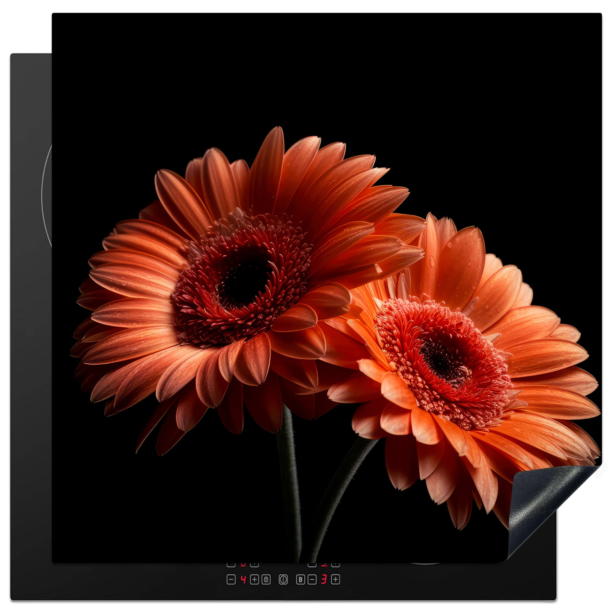 KitchenYeah© Induction Hob Cover Protector Mat 30.7"x30.7" / 78x78 cm Kitchen Universal Ceramic Covers for Electric Cookers Vinyl Flowers - Botanical - Gerbera - Orange - Black
