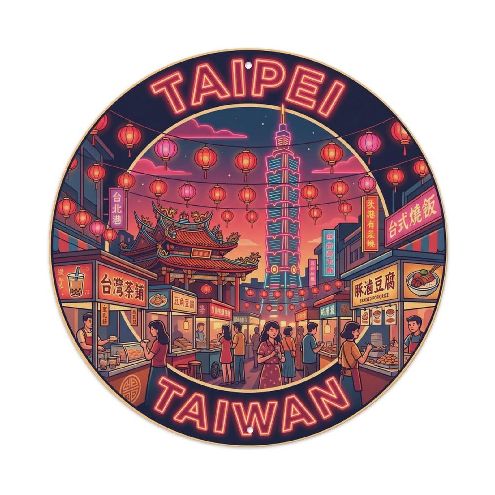 Vintage Travel Taipei Taiwan Night Market Vintage Metal Tin Sign Plaque Wall Decor for Cafe, Club Bar, Office, Garden Metal Poster 8x8Inch