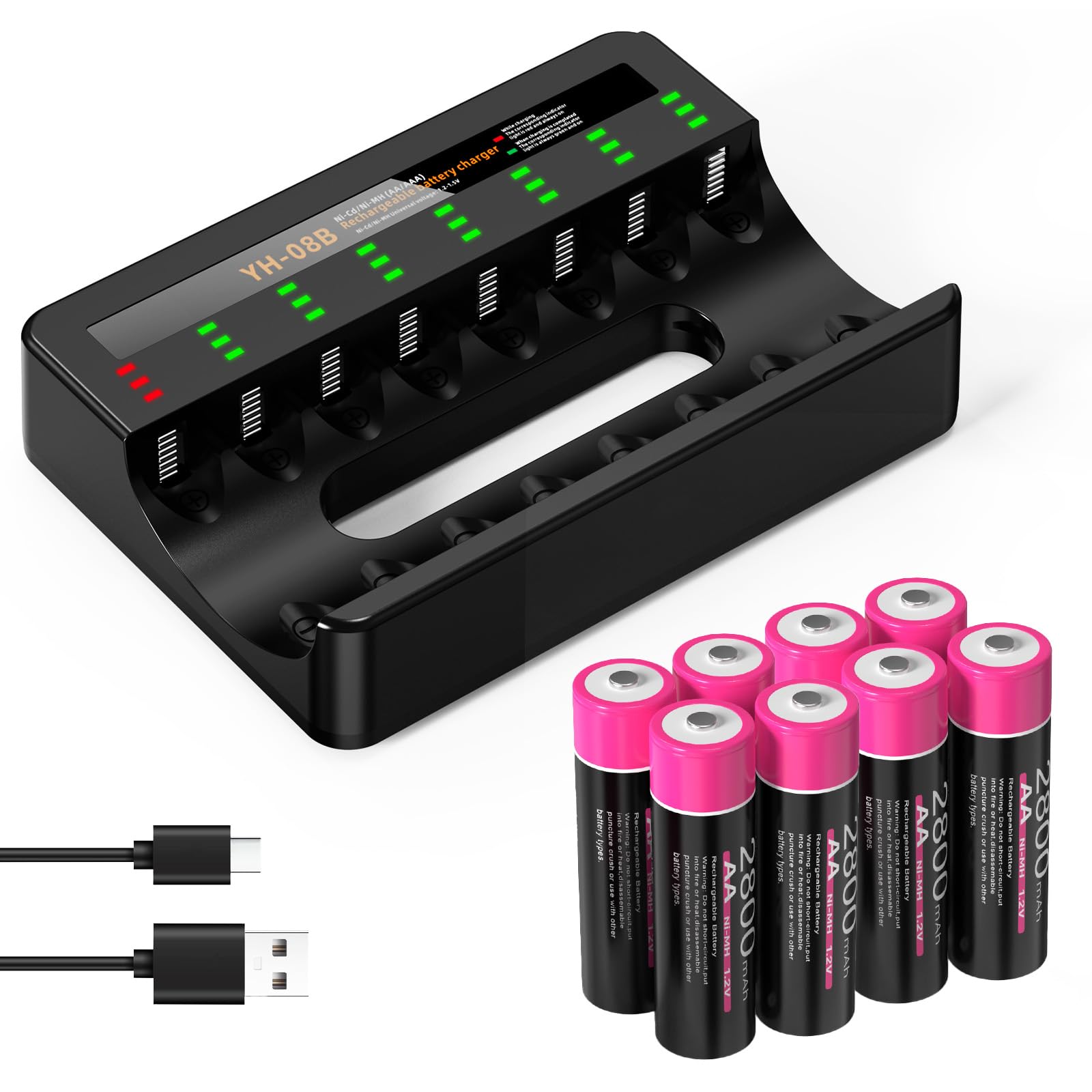 Rechargeable AA Batteries with Charger,8PCS 2800mAh High Capacity AA Batteries with 8 Bay LED Lights AA AAA Battery Charger for Ni-MH Ni-CD, USB Fast Charging