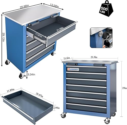 Miniatura 2 de LARBANKE Caja de herramientas combinada con cerradura, 5 cajones, 7 cajones, 2 puertas, el armario de herramientas se puede interconectar, caja de