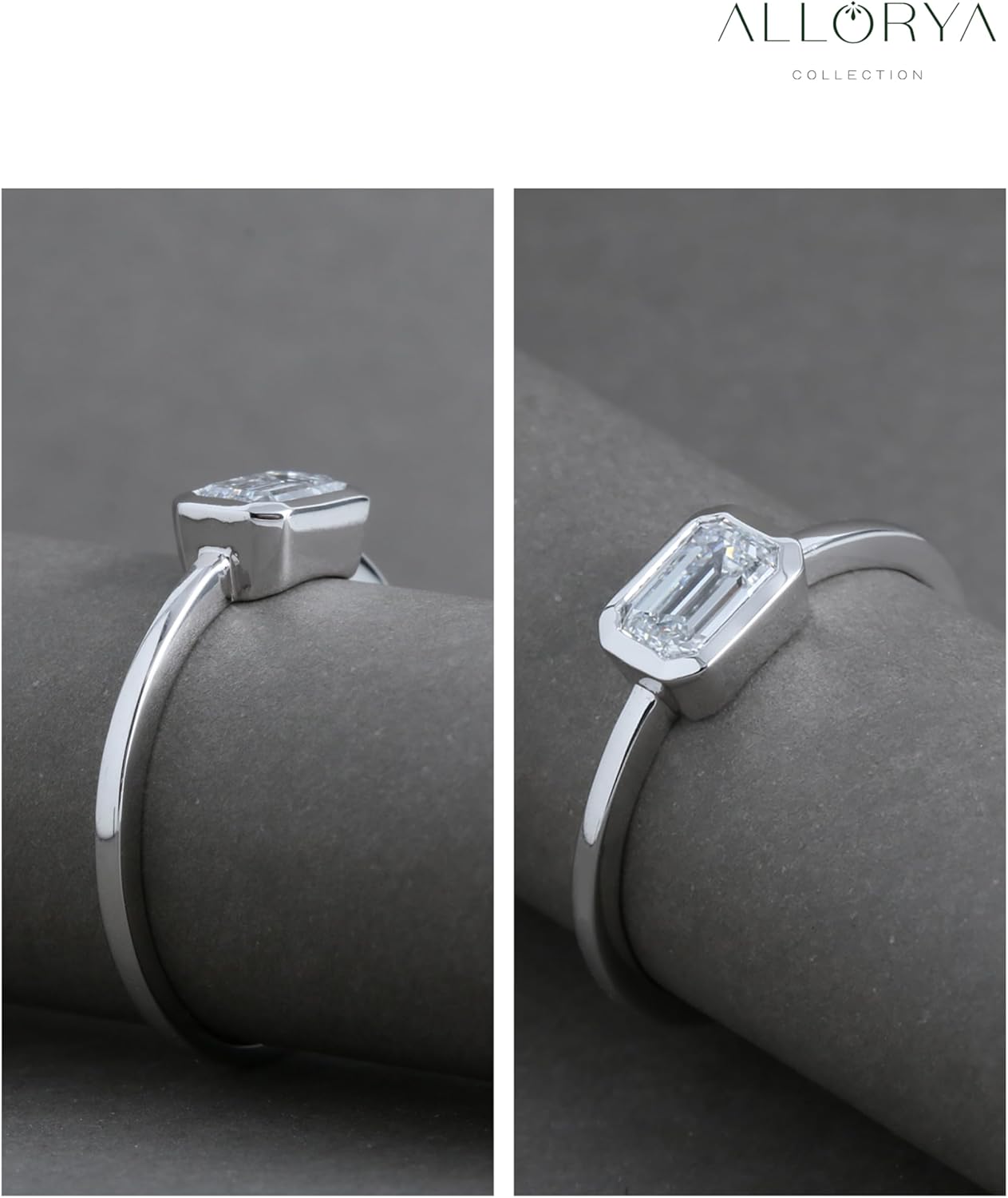 Emerald Lab Grown White Diamond or Cubic Zirconia Bezel Set Solitaire Engagement Ring for Women in 925 Sterling Silver
