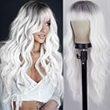 AISI QUEENS White Wigs for Women, Ombre White Wig with Bangs Long Wavy Wig Hair Dark Root Synthetic Wigs Heat Resistant Fiber for Daily Party Use