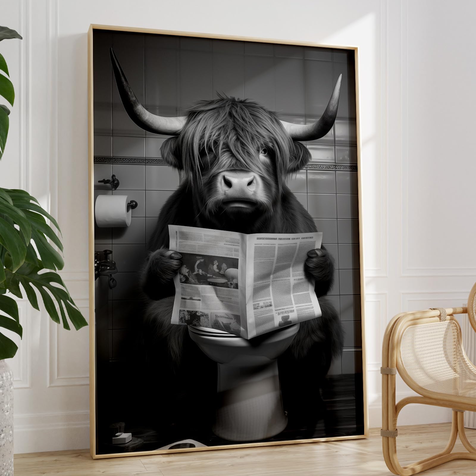 Quadro Mucca Delle Highlands In Bianco E Nero 20x25 Cm Incorniciato | Decorazione Simpatica Per Bagno O Cameretta | Cornice Nera - 2