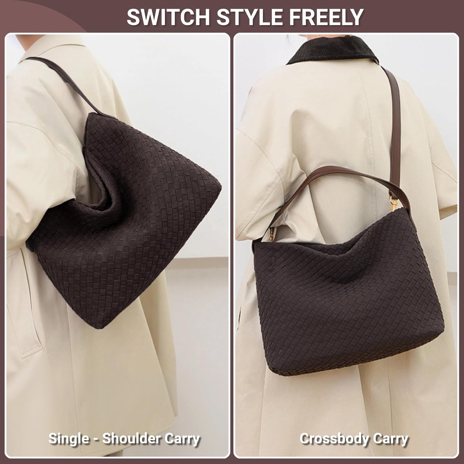 Woven Suede Hobo Bag for Women Trendy Slouchy Shoulder Tote Purse with Leather Crossbody Strap for Work Travel - Image 4