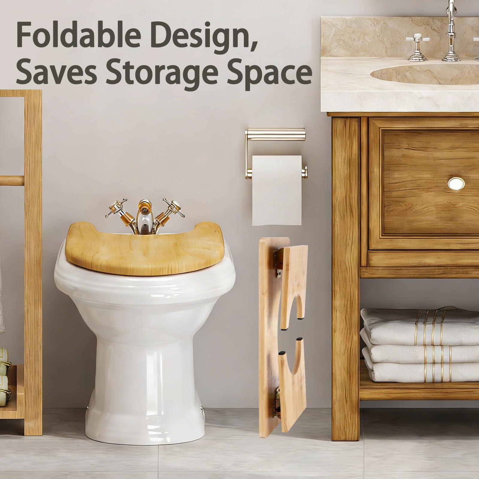 Sgabello WC Pieghevole Legno, Sgabello WC Adulti, Sgabello Pieghevole Bagno per WC, per Adulti e Bambini, Ergonomico per Promuovere la Digestione, Sgabello Salvaspazio per WC e Bagno