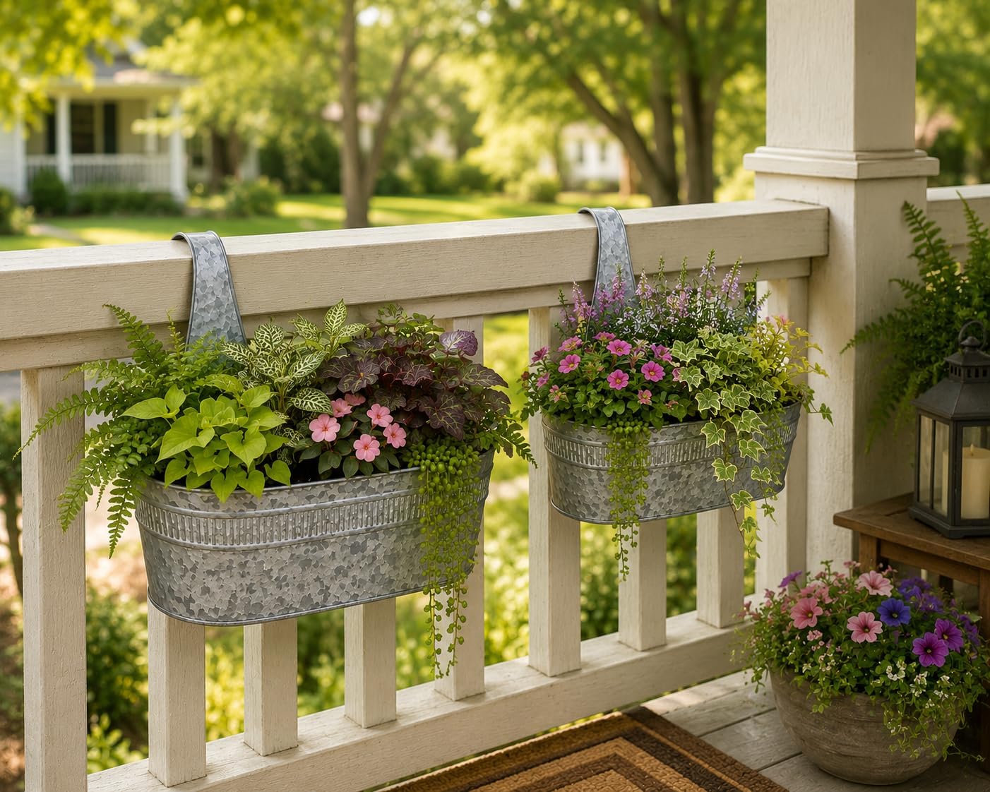 S/2 Galvanized Metal Hanging Planters Oval Bucket Pots for Fence Balcony Porch Deck Railing Farmhouse Indoor Outdoor Flower Herb Succulent Containers Silver 10" & 8.5" W