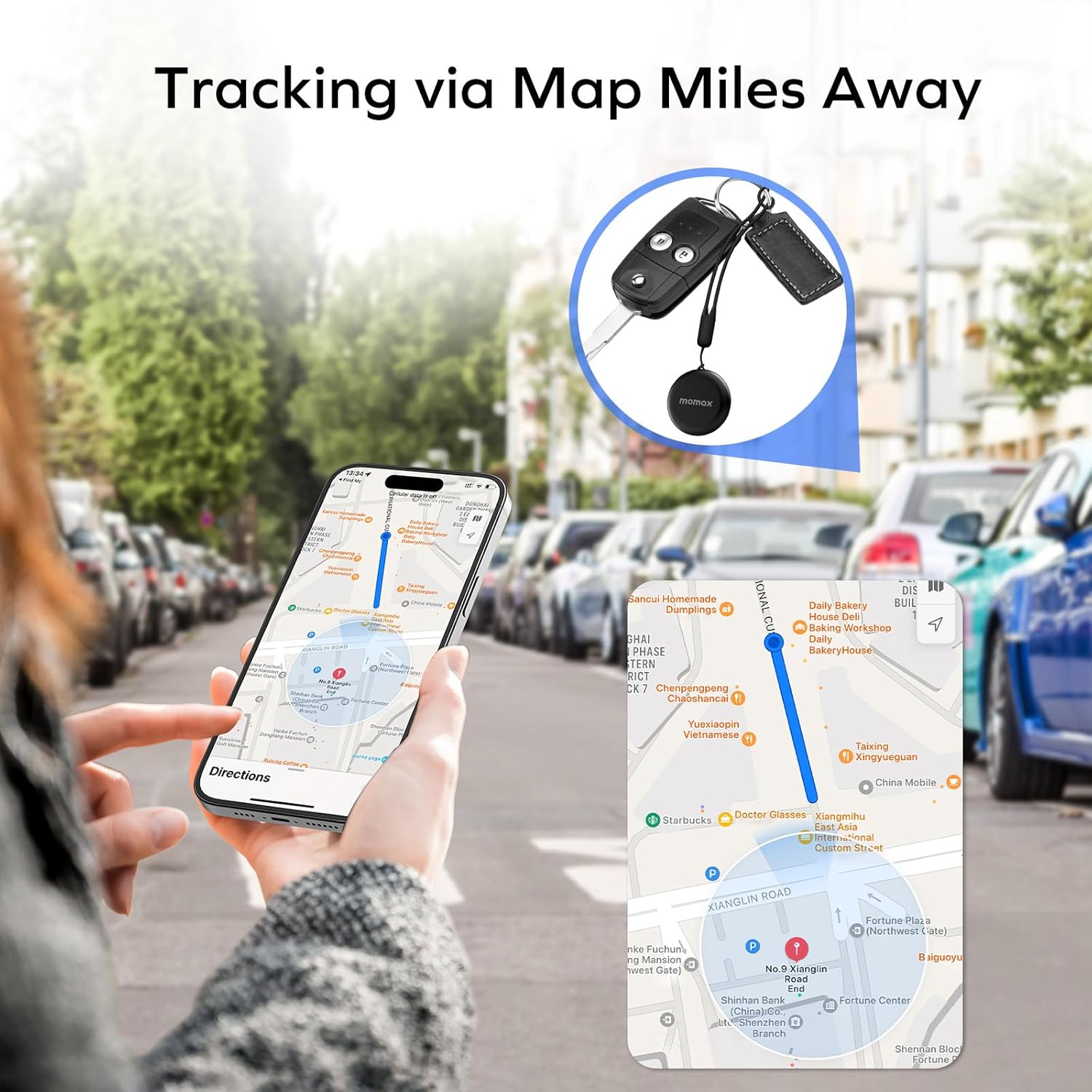 A person using a smartphone to track a MOMAX Smart Tracker Tag on a map, showing its location miles away.