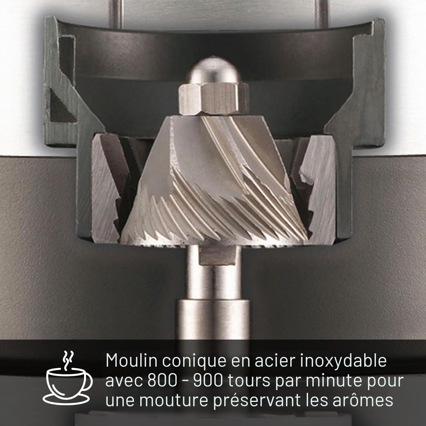 GRAEF CM 800 – Moulin à café électrique, boîtier alu, broyeur conique inox, 40 réglages, réservoir 350g, porte-filtre, insert antistatique, roue à palettes alu, 128 W – Argent