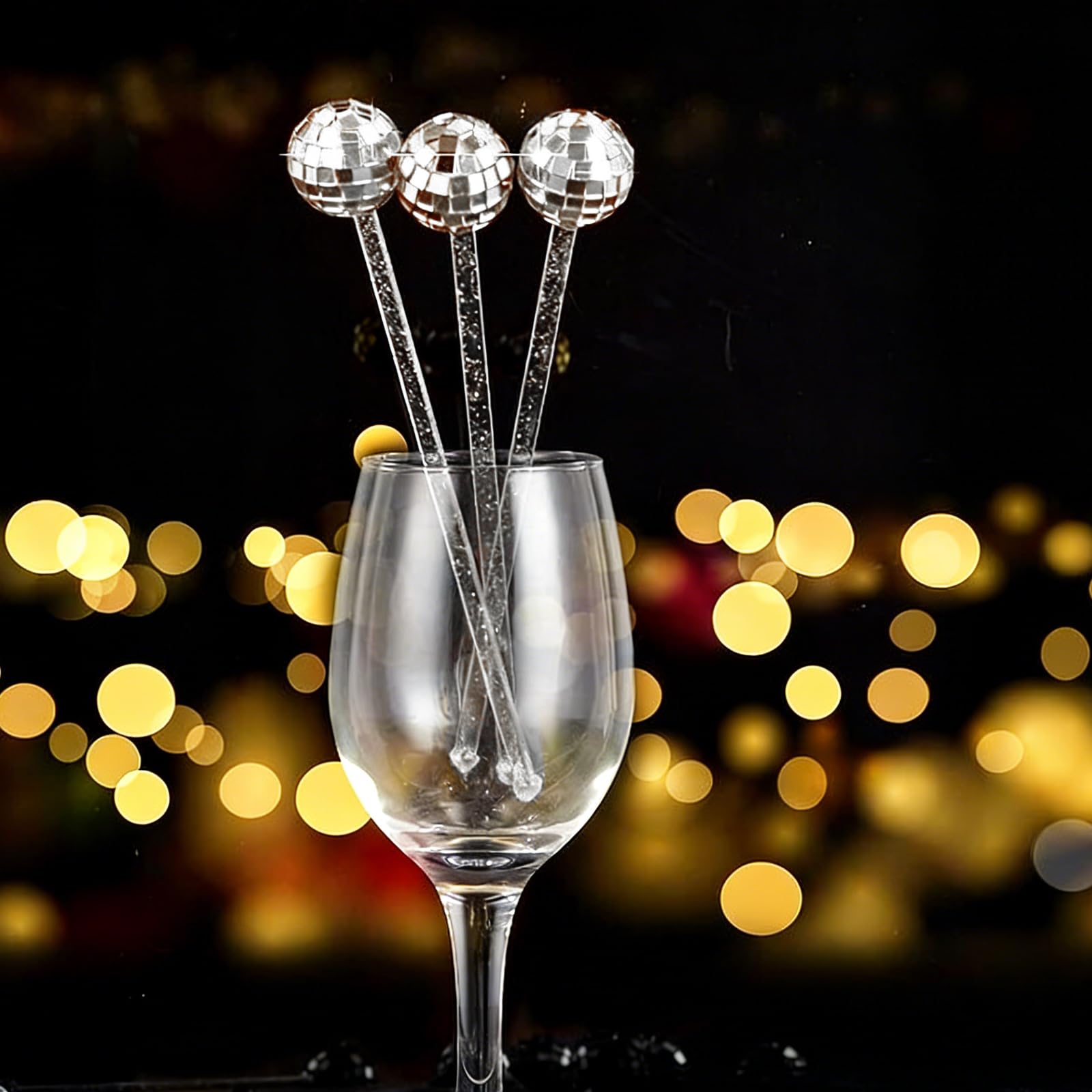 Set di 10 mescolatori per bevande, palline da discoteca, cocktail, bastoncini glitterati, per feste di addio al nubilato, matrimoni, bar (argento)