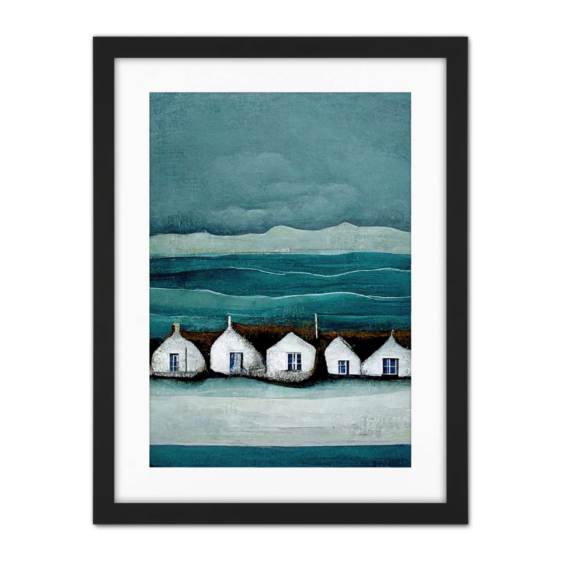 Row Of White Fisherman Cottages Isle Of Jura Artwork Framed Wall Art Print 18X24 Inch