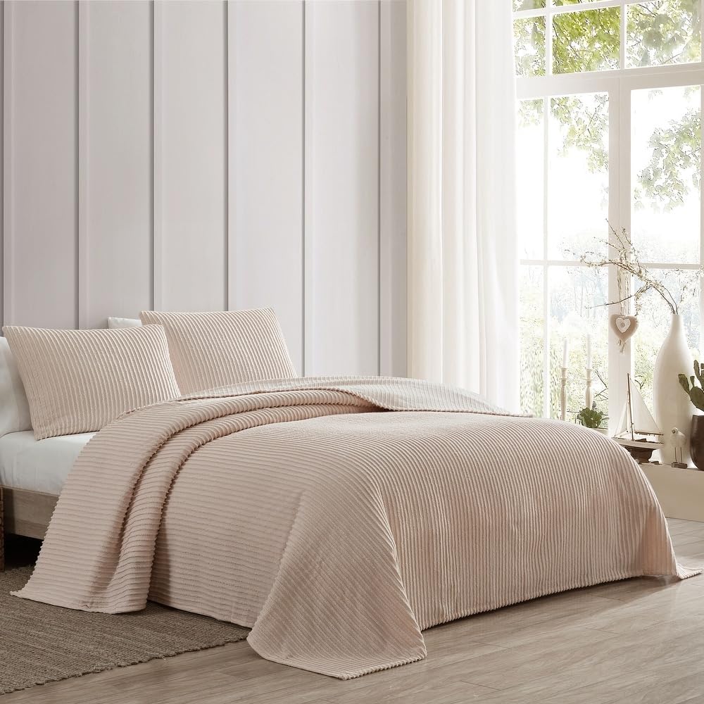 1 Piece Lightweight 100% Cotton Tufted Chenille Bedspread King Size Textured Channel Stripe Design | All Seasons Blush Pink Color Shabby Chic Bedding Western Aesthetic Look Soft Plush Cozy