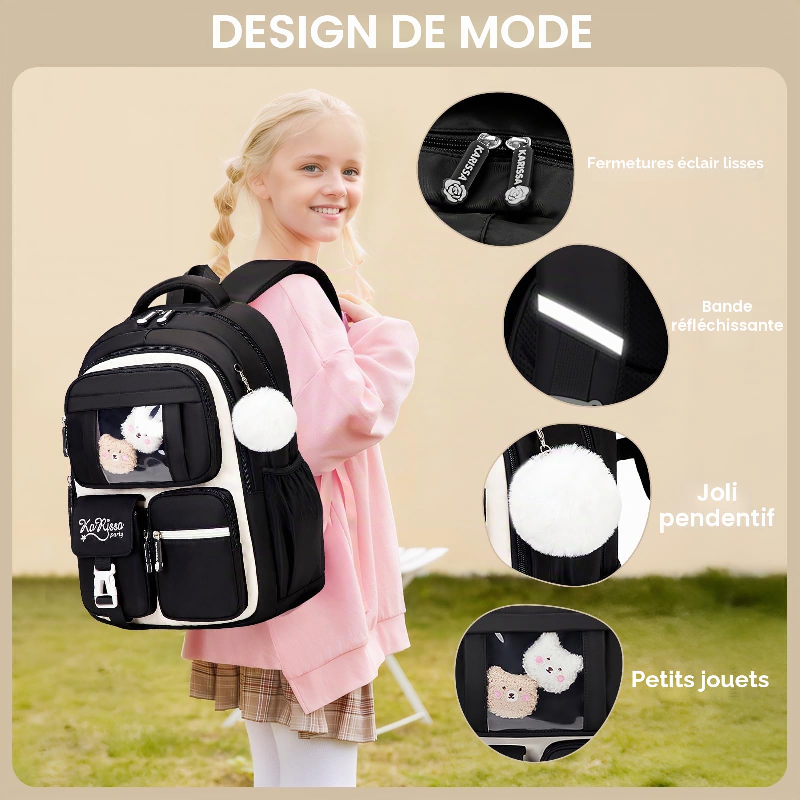 Amythe Cartable Fille Primaire, Sac à Dos Respirant pour Filles CP CE1 CE2 CM1 CM2, Sac Ecole Décontracté pour les Enfants de l'école Primaire au Collège, Noir