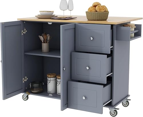 LUMISOL Isla de cocina con hoja caída, carrito grande de isla de cocina con ruedas con almacenamiento, armario de almacenamiento rodante de 52.7