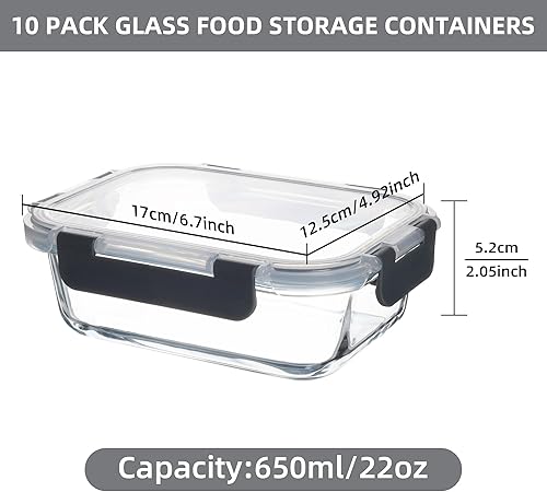 Miniatura 2 de Paquete de 10 recipientes de vidrio de almacenamiento de alimentos de 22 onzas con tapas, recipientes de preparación de comidas, recipientes