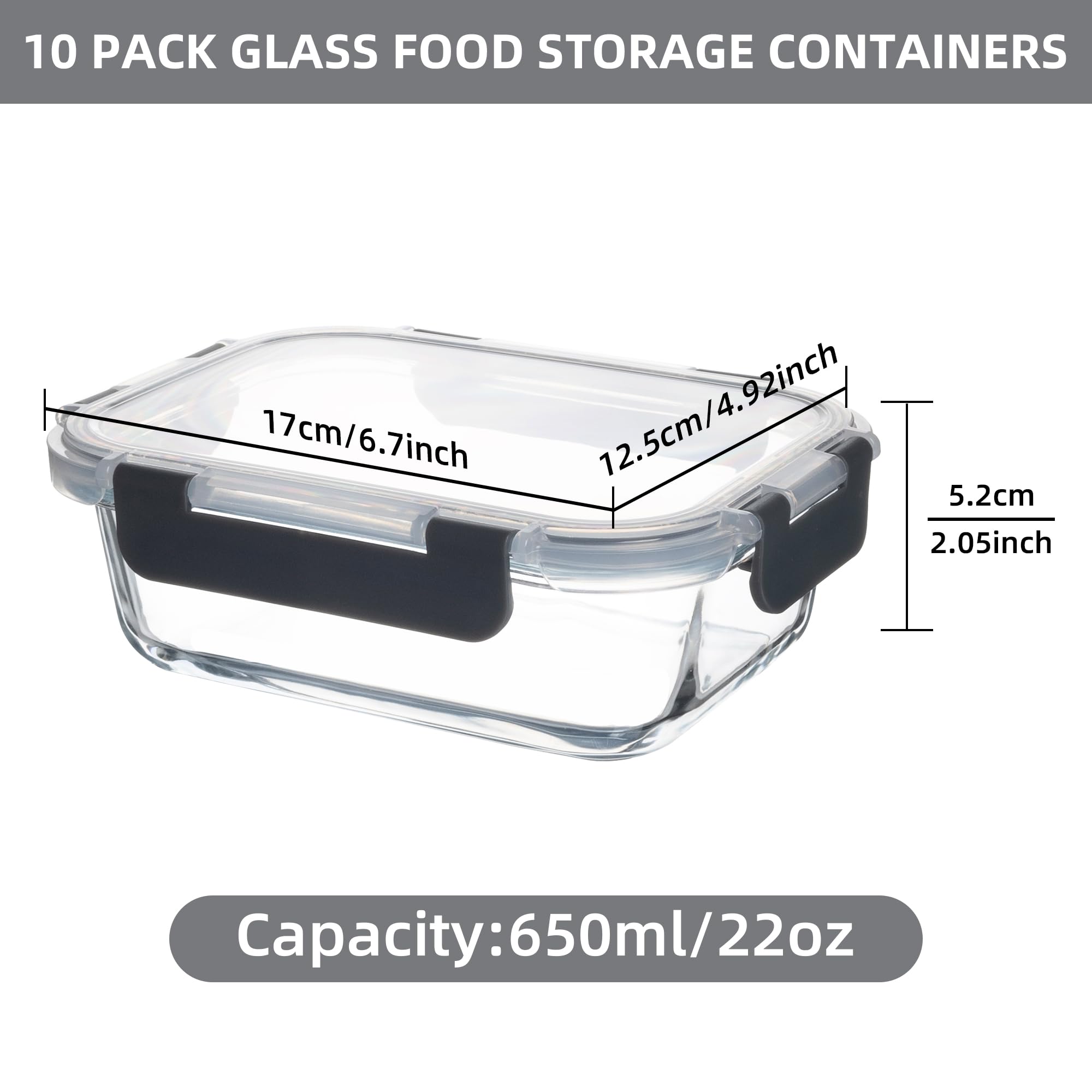 10 Stück 625 ml Glasbehälter für Mahlzeiten, Frischhaltedosen mit Deckel | Luftdichte, auslaufsichere Lunchbehälter für Küche, Gefrierschrank, Mikrowelle, spülmaschinenfest (Grau)