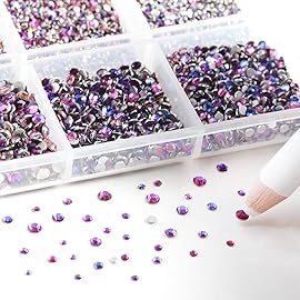 Beadsland 7200pcs Flatback Rhinestones,Purple Rhinestone Nail Gems Round Crystal Rhinestones for Crafts,Mixed 6 Sizes with Wax Pencil Kit, SS3-SS10, Purple Velvet