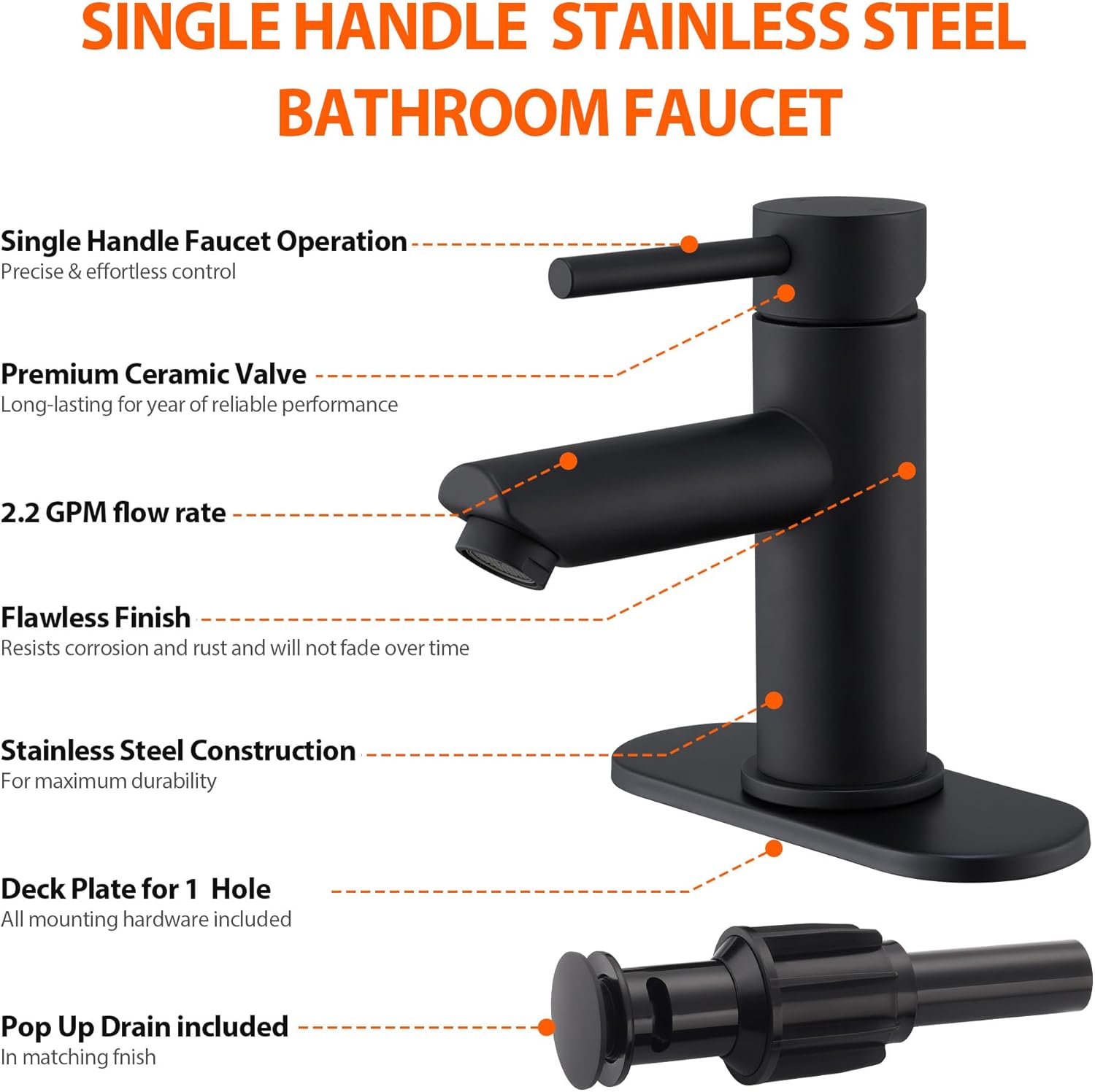 Matte Black Stainless Steel Single Handle Bathroom Faucet