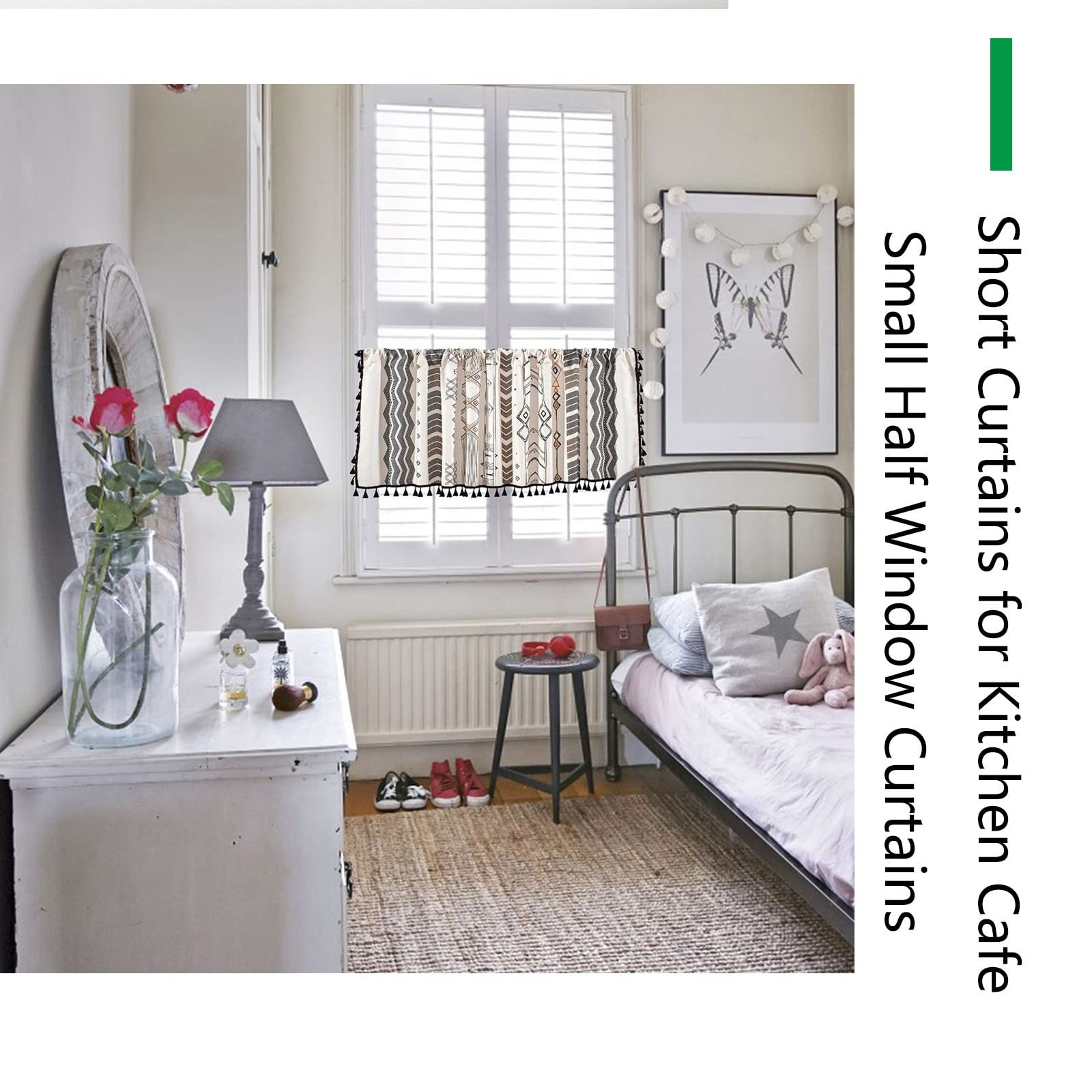 V3VOGUE Küchen Kurzvorhang Scheibengardine, 1 Stück Baumwolle Leinen Quasten Bistrogardine, Retro Landhausstil, Für Cáfe Vorhänge/Kleines Fenster/Wohnzimmer, Kurzstore Gardinen