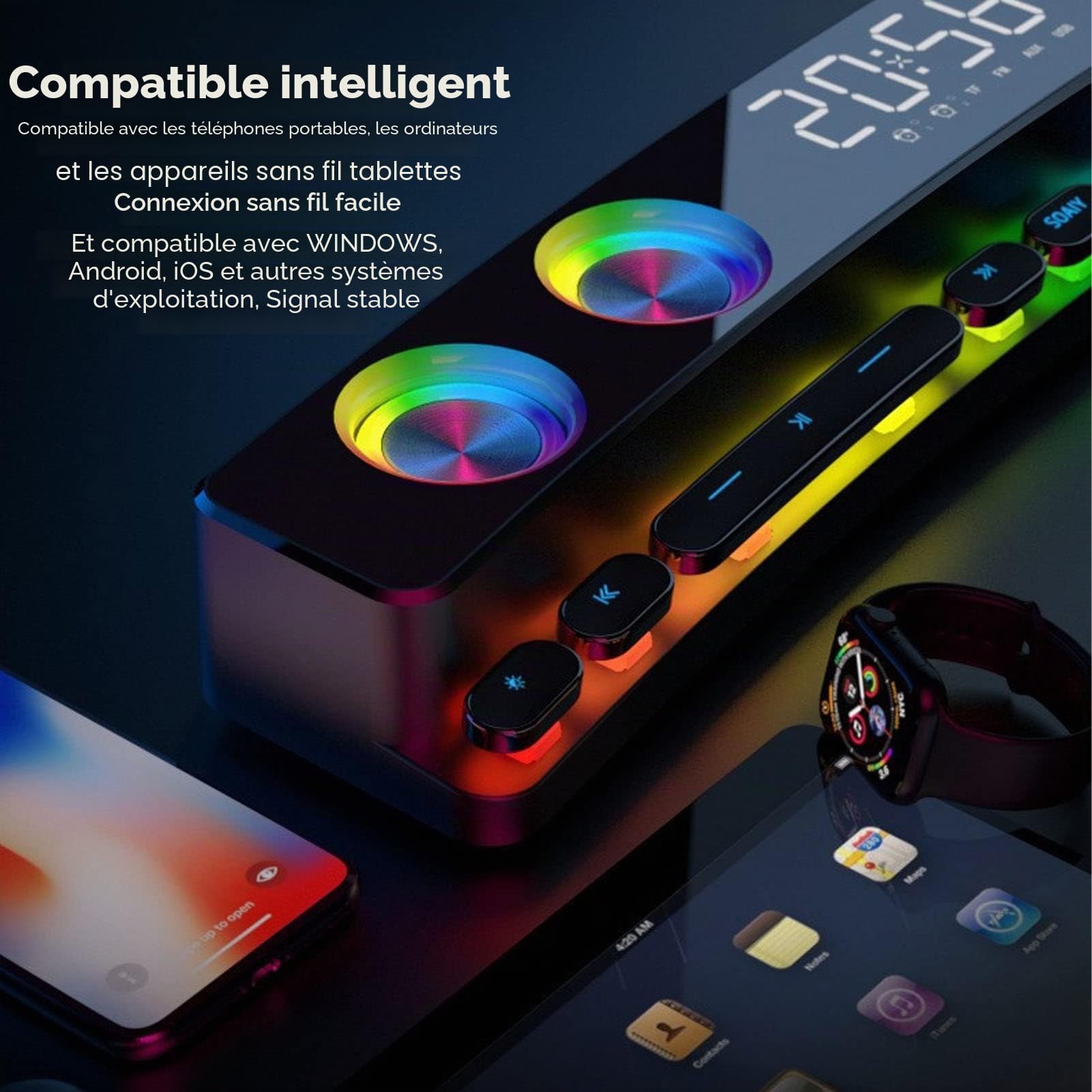 Haut-Parleur d'ordinateur - Bluetooth 5.0 Hi-FI Stereo Haut-Parleur PC Gaming, Haut-Parleur Subwoofer RGB Multifonctionnel avec 13 Boutons mécaniques, E-Display (Blanc)