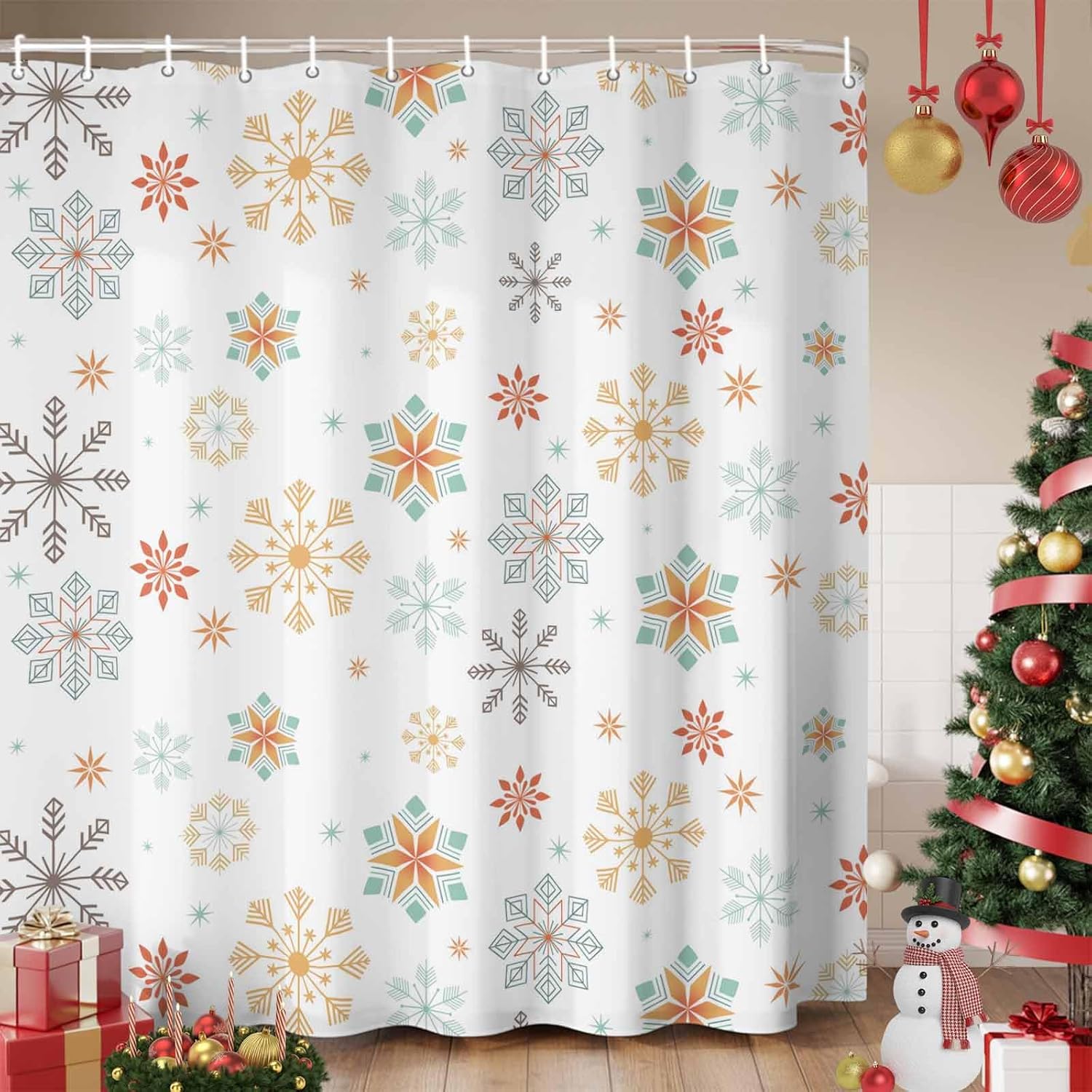 Christmas Snowflake Shower Curtain Set - Extra Long Waterproof Shower Curtain 72 x 78 Inch, Xmas Yellow Teal Snow Winter Holiday Polyester Fabric Bathroom Curtains with 12 Hooks, Bathroom Accessories
