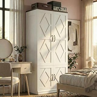 ANCTOR Wardrobe Closet, 71" H Tall Wooden Closet with 5 Clothing Shelves, 4 Doors and Hanging Rod for Hanging Clothes, Bedroom Freestanding Armoire Storage Cabinet, Stand Alone Clothing Unit, White