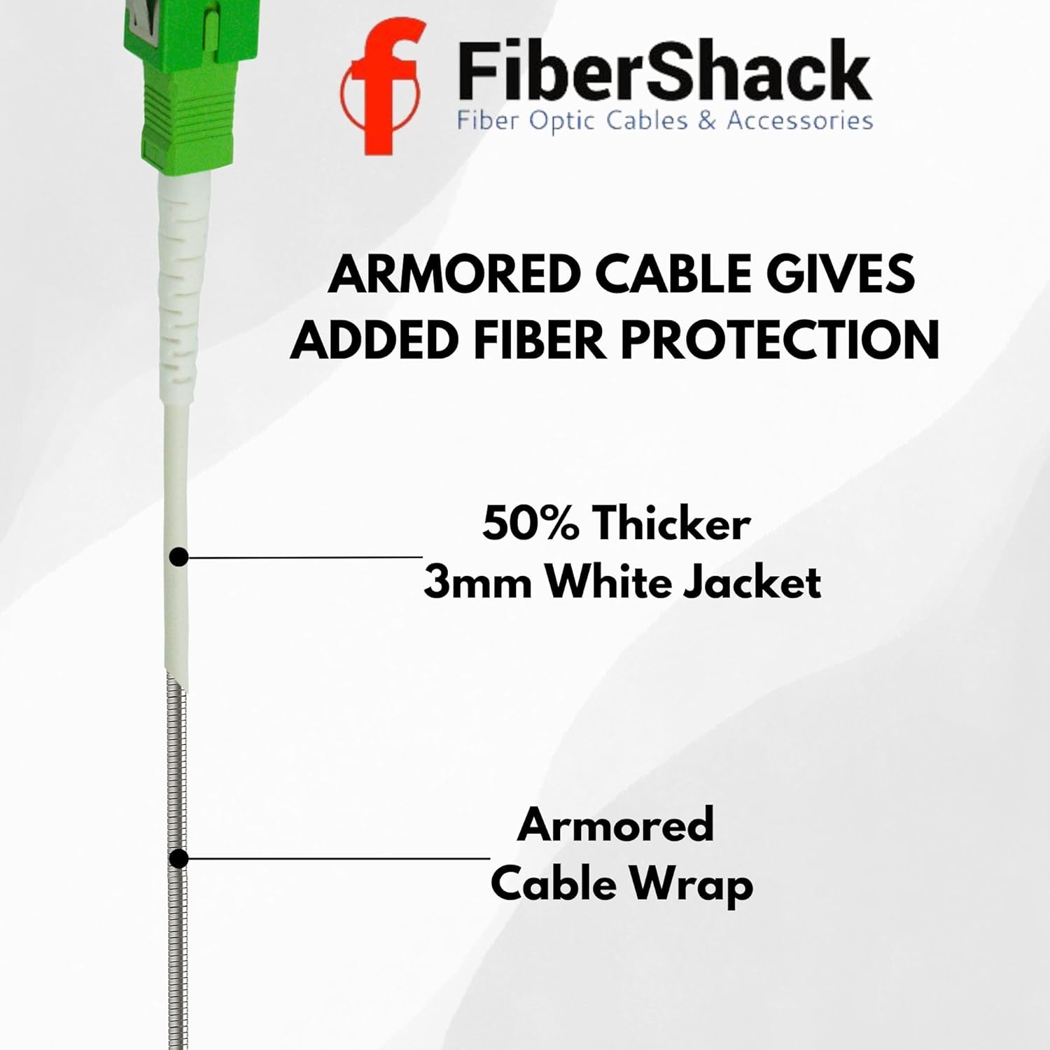 Fibershack - SC/APC Fiber Optic Internet Cable - 50ft - 15M - White - Armored - Extra Tough Fiber Internet Cable - Replaces or Extends Home Optical Network Cords - Includes Coupler for Easy Extension