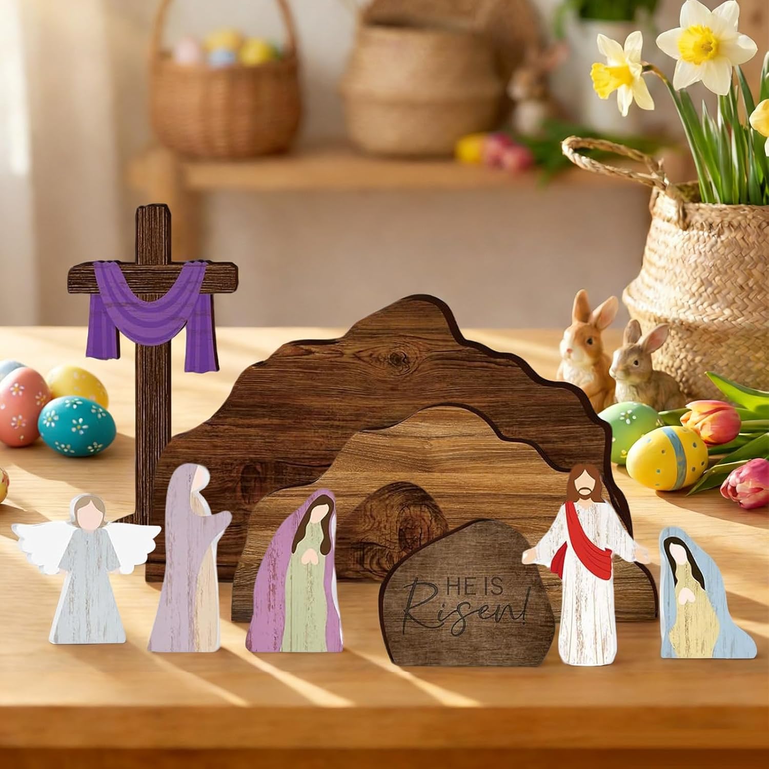 Empty Tomb Easter Scene Decorations - Wooden Resurrection Scene Cross Jesus Tomb Tray Set - Religious Christian Jesus Nativity Decor for Home Table Office