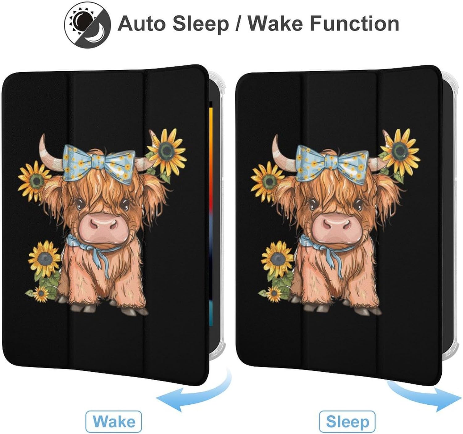 Highland Cow with Sunflowers Cute Case Compatible for Mini4/5（7.9in） Trifold Tablet Protective Cover with Pencil Holder