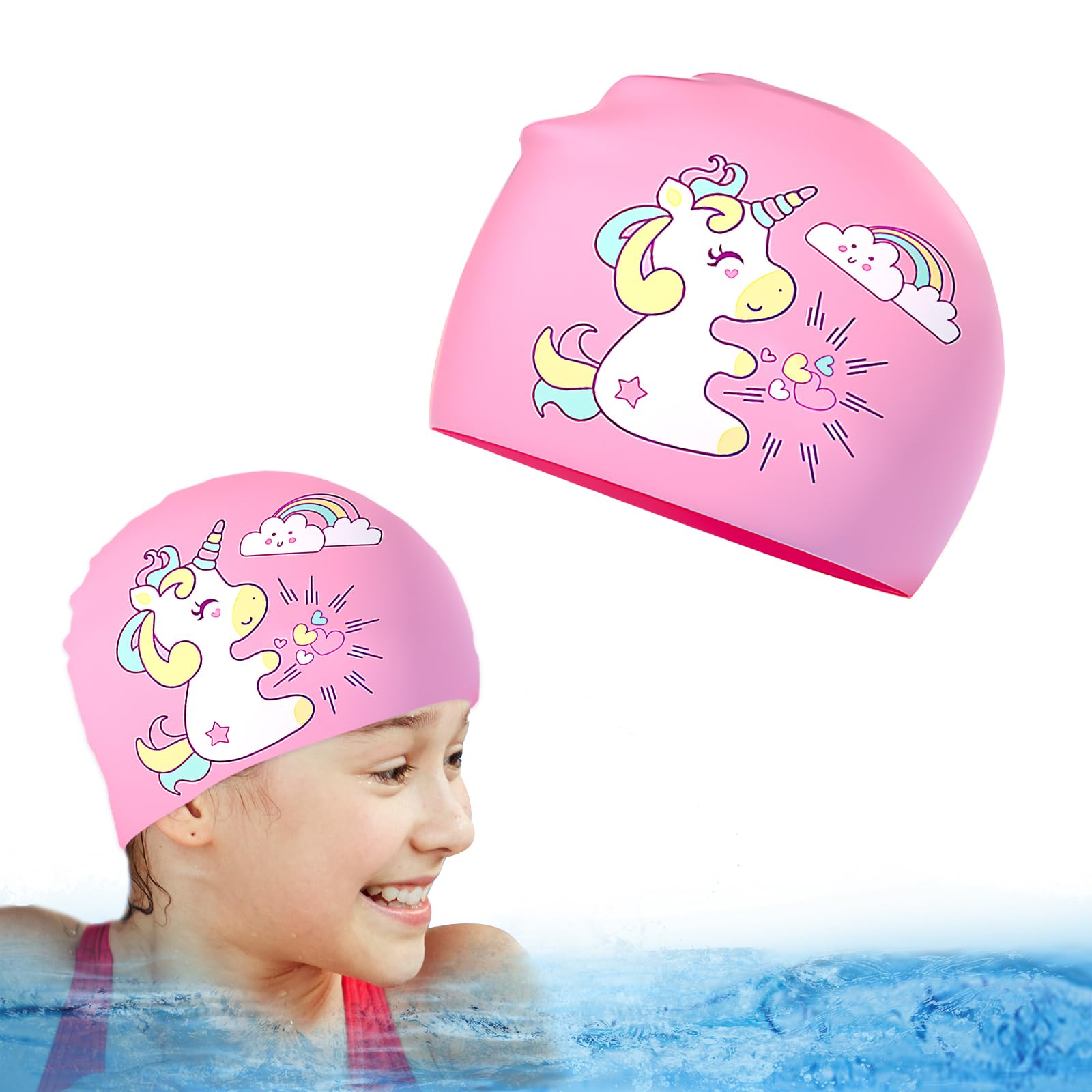BendJoy® Swimming Caps for Kids with Pink Unicorn Print, Silicone Swimming Cap for Boys, Girls, Waterproof Bathing Pool Swimming Caps Comfortable Kids, Unicorn Swimming Cap for Long and Short Hair (B0D7SFS9D3) Amazon Price History, Amazon Price Tracker