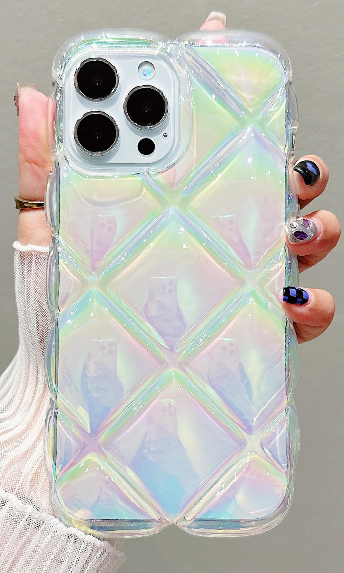 Compatible with iPhone 12 Pro Max Case, Cute Gradual 3D Rhombus Phone Case, Anti-Falling Protective with Soft Wave Frame, Thick Shockproof Phone Cover for Women Girls (Clear)