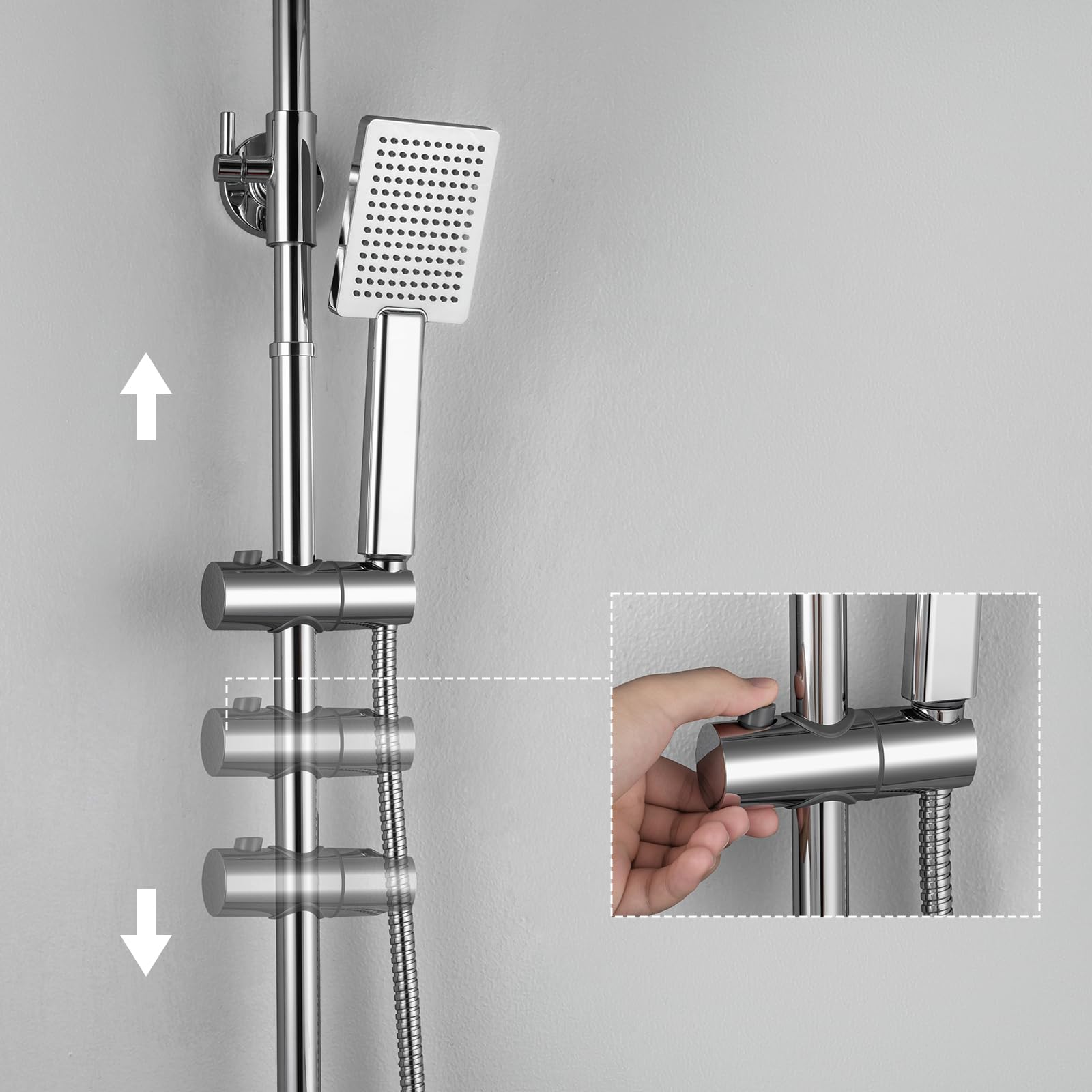 Auralum Colonna Doccia con Miscelatore Soffione e Doccetta Saliscendi Acciaio Inox Altezza Regolabile 90-130cm Cromo Quadrato 25cm