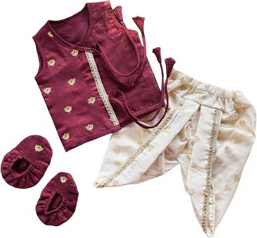 Picksparrow Baby Boy Cotton Silk Jhabla with Cotton Lurex Dhoti pant and Booties (Lotus-Hearts)