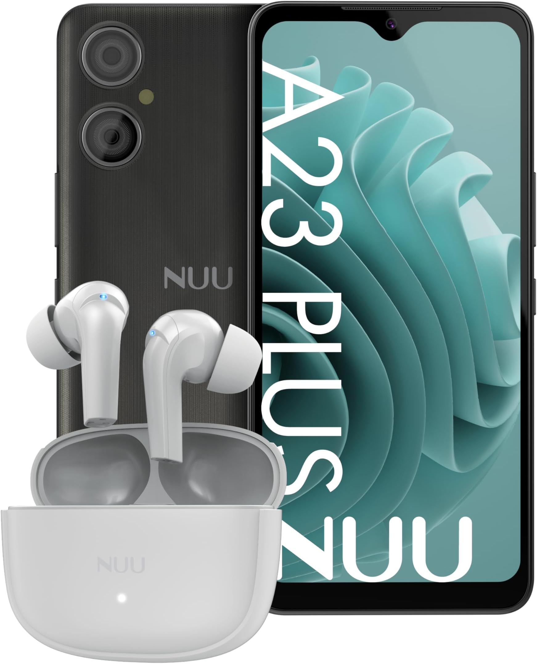 NUU A23Plus Basic Cell Phone for AT&T, T-Mobile, Cricket, Mint Mobile, Metro 64GB/3GB Real RAM + Earbuds A White with Active Noise Cancelation (ANC)