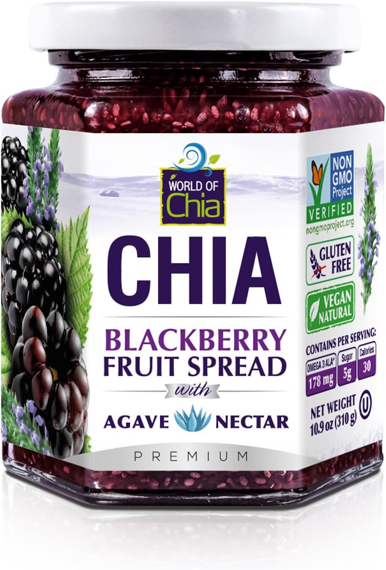 World of Chia Premium Chia Seeds Jam - Blackberry Jams and Preserves - All Natural, Plant Based Chia Jam, Gluten Free, Omega 3, Made in USA, Non GMO, Organic Ingredients, Additive Free, Low Sugar and Low Glycemic, Diabetic Friendly Fruit Spread - (10.9 oz, 310 g Jar) Pack of 3
