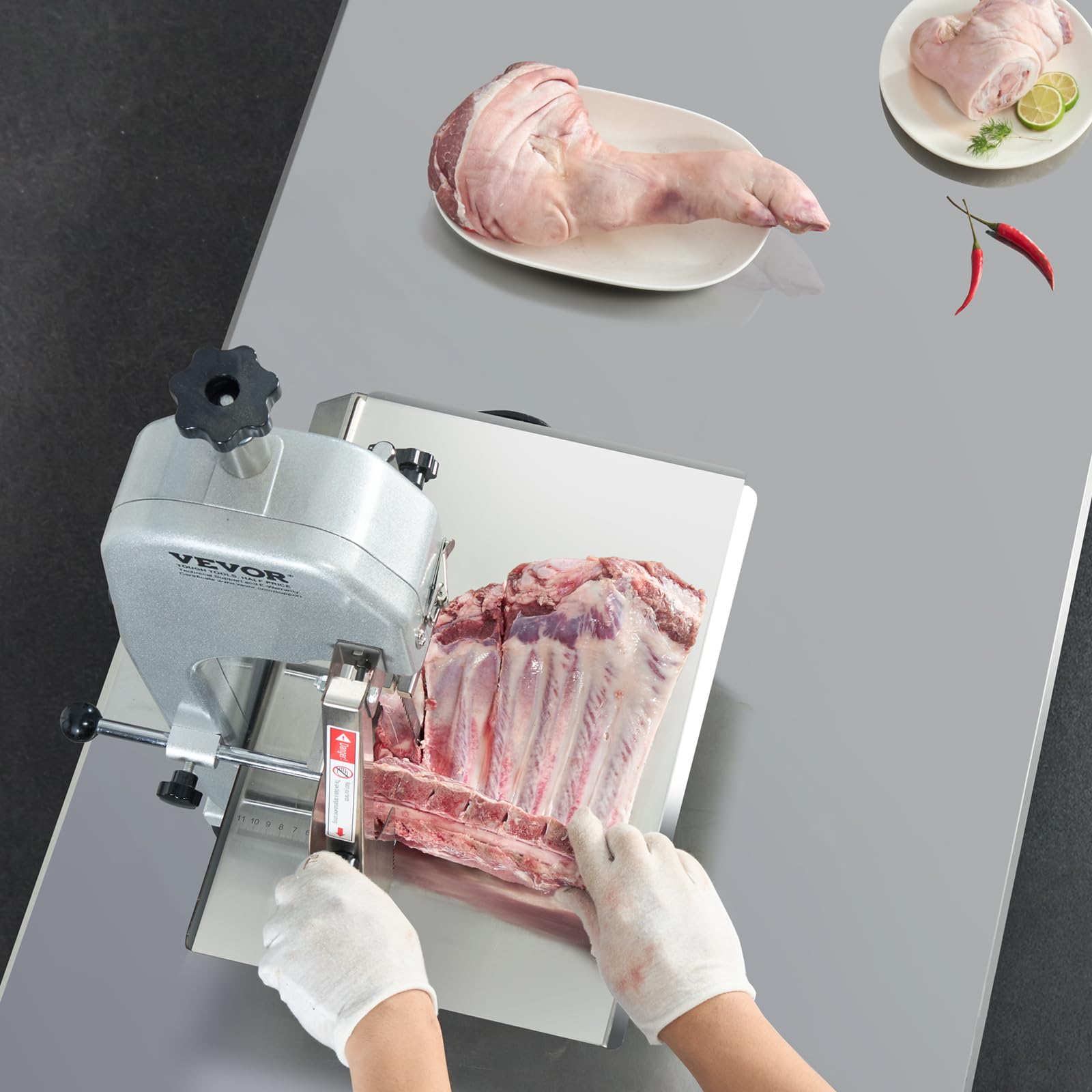 VEVOR Sierra de Cinta Eléctrica Comercial para Carne y Huesos de Acero Inoxidable de 650 W para Encimera, Grosor Máximo de Corte de 110 mm, para Costillas de Cerdo y Res, 415 x 483 x 750 mm, Plata