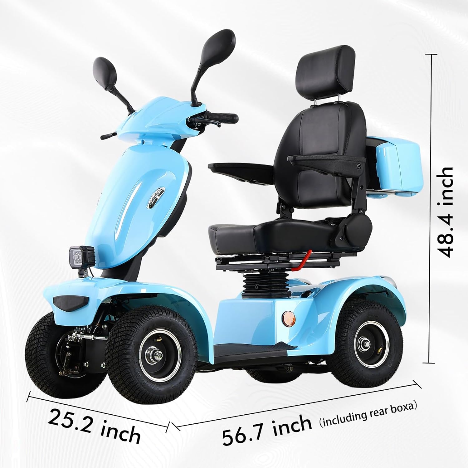 Dimensions of the Dvsripa Mobility Scooter: 56.7 inches length (including rear box), 25.2 inches width, 48.4 inches height.