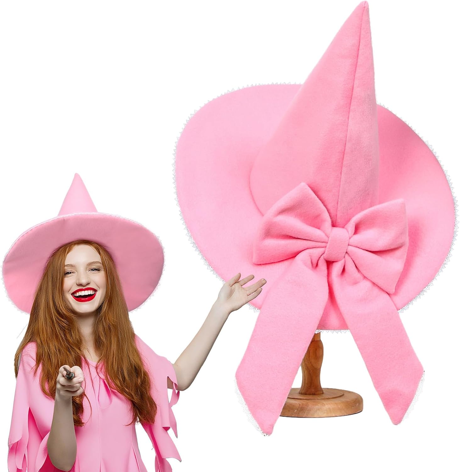 Pink Bow Witch Hat Accessories Halloween Pink Coquette Witch Wool Felt Hat for Women Wide Brim Wizard Cap for Halloween Costume Cosplay Masquerade Party Supplies