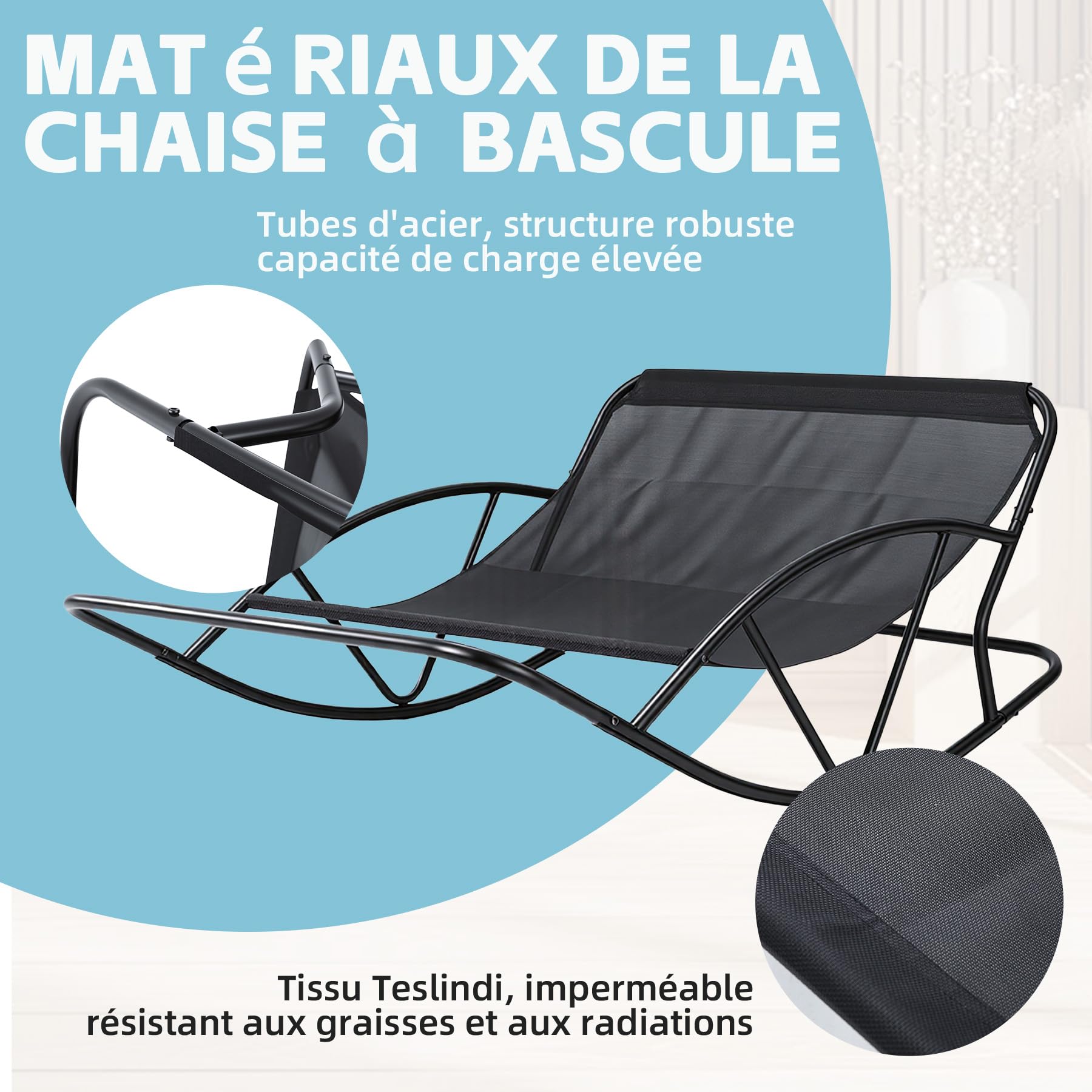 Fauteuil à Bascule Extérieur avec Coussin pour Deux, Support de Pied, Rocking Chair Papasan pour Chambre, Salon, Terrasse, Jardin, Balcon, capacité de Charge 240 kg,Tissu technologique,Gris