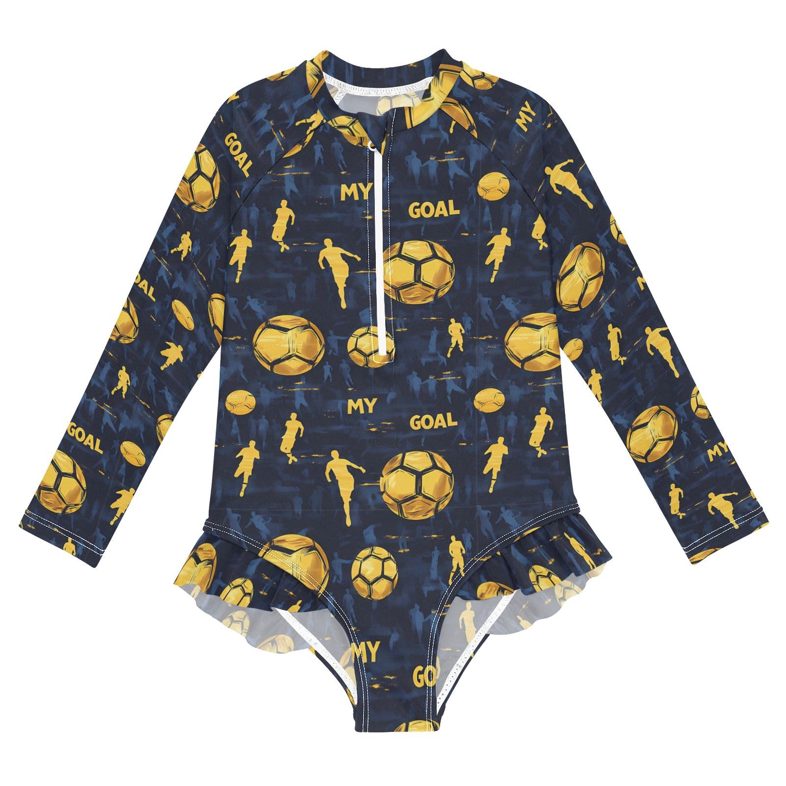 ALAZA Swimsuit for Girls Long Sleeve Rashguard Bathing Suit Golden Football Quick Dry 4T