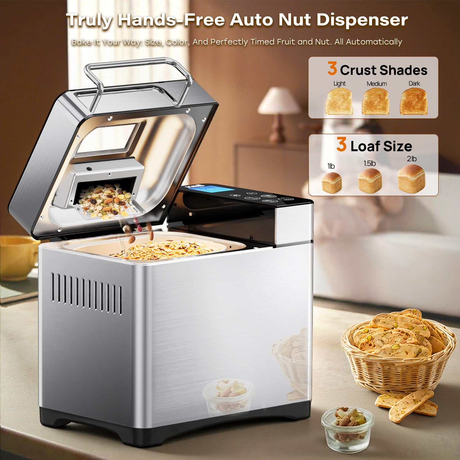 Máquina de pan Pro de acero inoxidable, 2 libras, 17 en 1, programable XL panificadora con dispensador de frutos secos, sartén de cerámica antiadherente y panel táctil digital, 3 tamaños de pan, 3 3